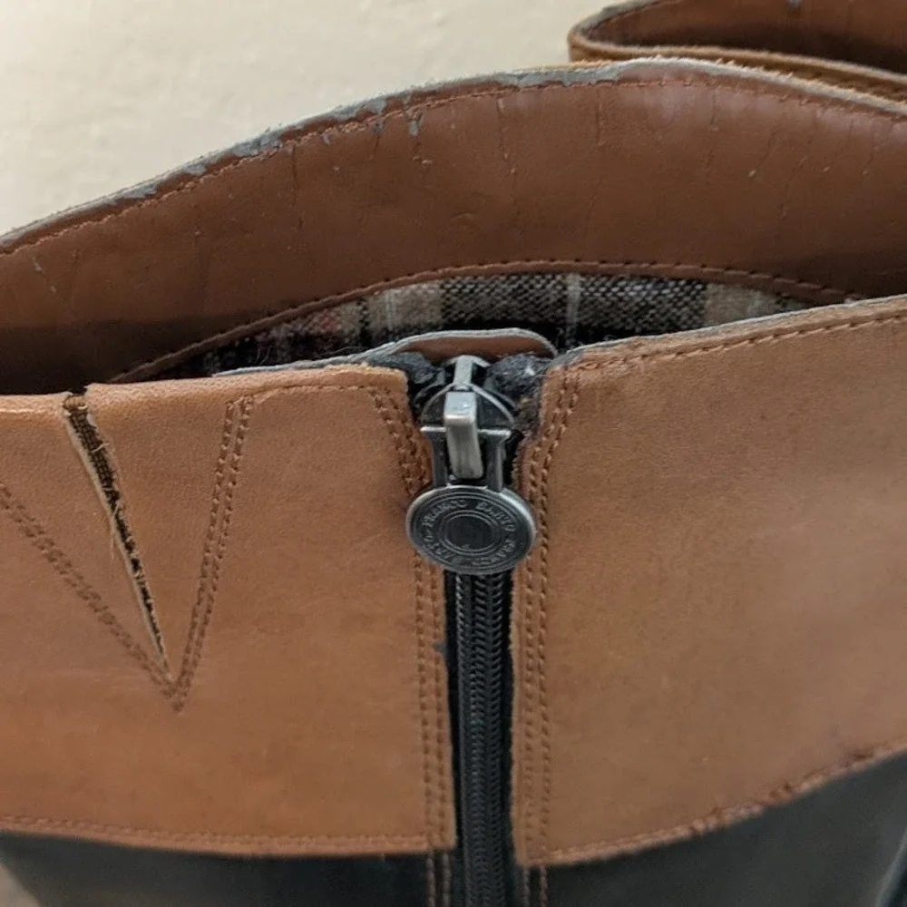 Franco Sarto Tall‎ Riding Boots Black Brown Leather Crest Detail Women US 8